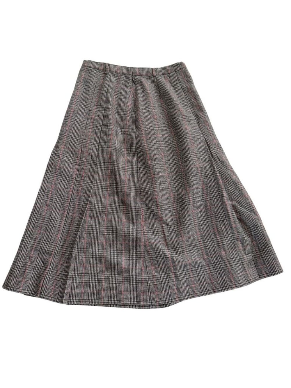 Vintage Glen Plaid Prince of Wales A-Line Midi Skirt with Red Windowpane Accent